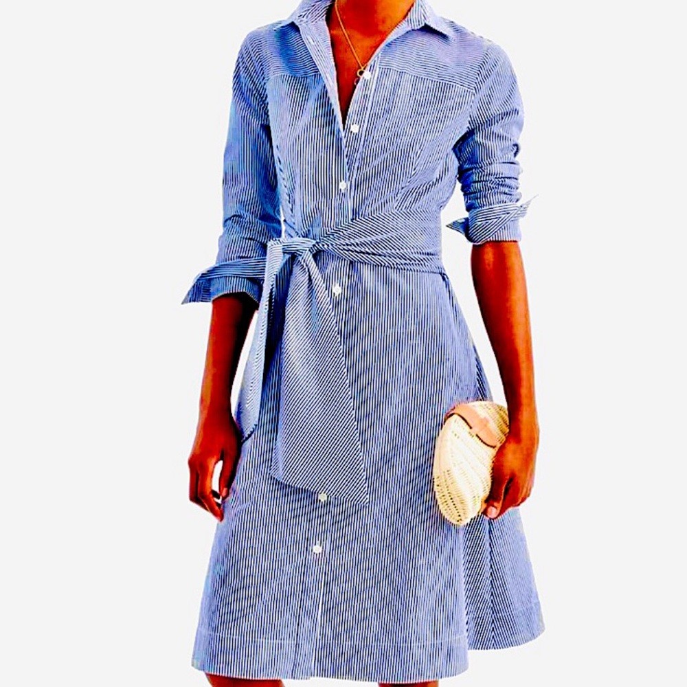 Suiting J Crew Pinstripe Tie Waste MIDI Shirtdress